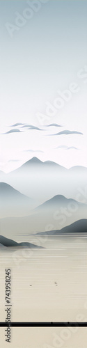 Foggy mountain landscape in a minimalist style with muted colors.