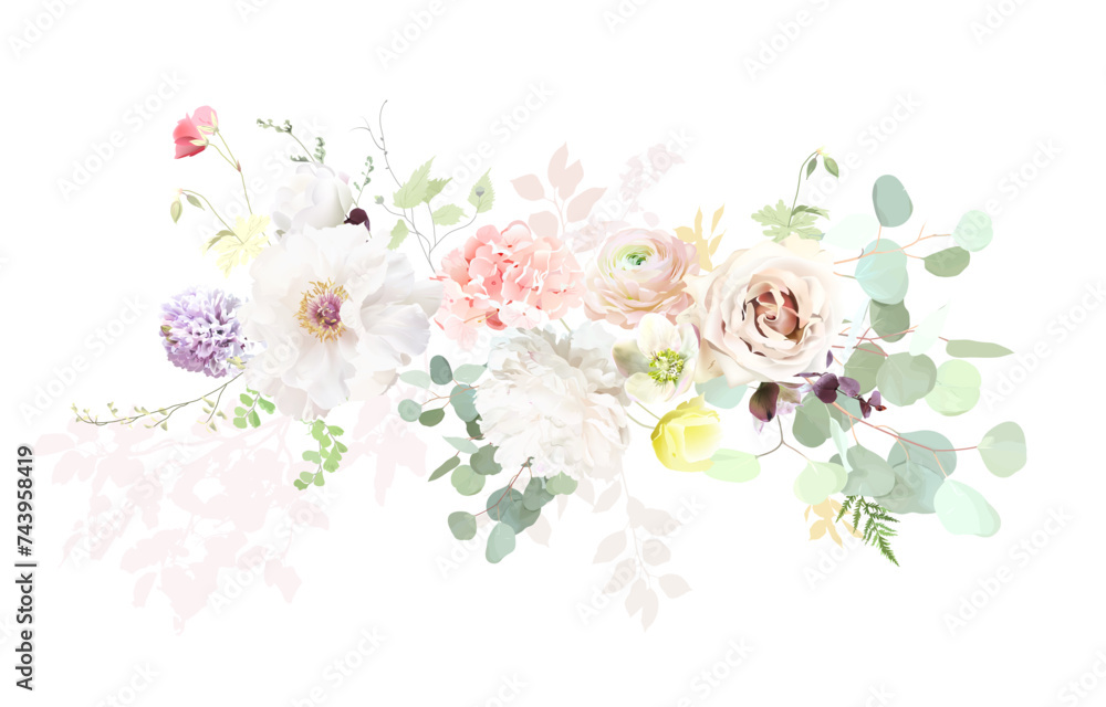 White peony, nude pink rose, purple hyacinth, hellebores, pink hydrangea, ranunculus, eucalyptus vector design easter
