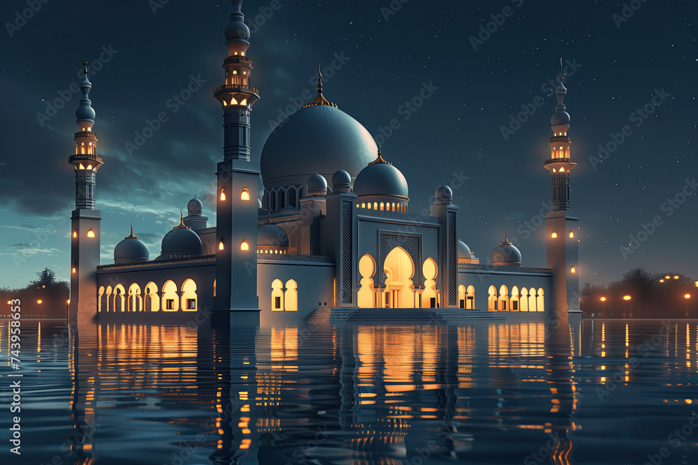 an islamic mosque at night with white domes. ramadan kareem holiday celebration concept