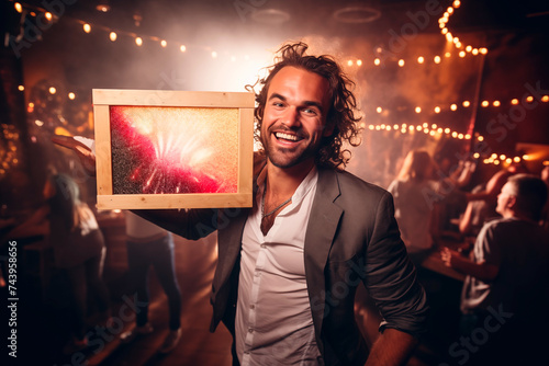 Handsome man smiling holding a panel during a party at night