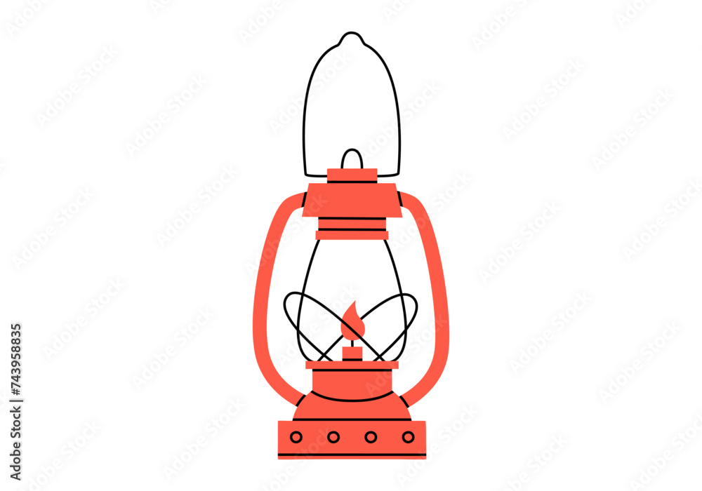 Hand drawn cute cartoon illustration of camping lantern. Flat vector outdoor fire equipment sticker in colored doodle style. Tourism kerosene lamp icon with outline. Adventure, hiking. Isolated.