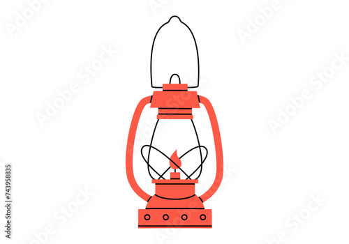 Hand drawn cute cartoon illustration of camping lantern. Flat vector outdoor fire equipment sticker in colored doodle style. Tourism kerosene lamp icon with outline. Adventure, hiking. Isolated.