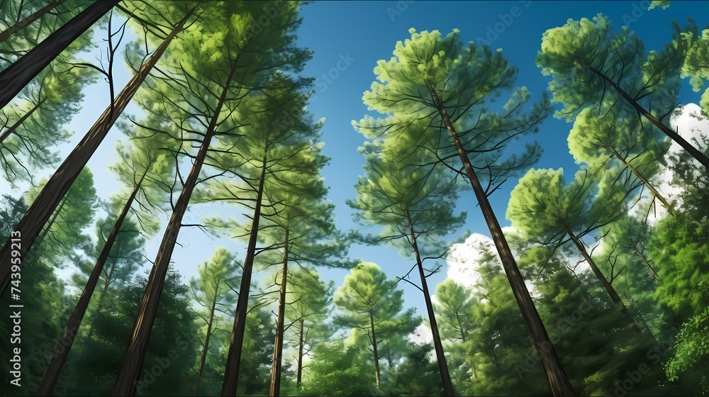Obraz premium Looking up at the green forest, trees with green leaves, blue sky and sunshine