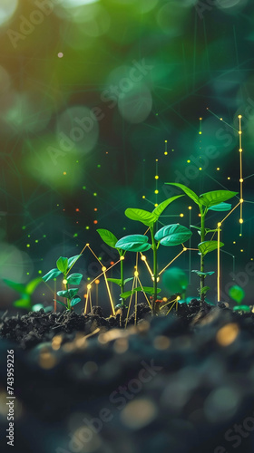 Sapling and a light grid that symbolize a upcoming solution for sustainability in our society through technology, created with generative AI technology