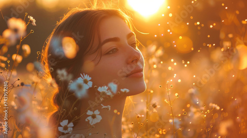 Serene Woman in Field with Golden Sunset Light. A woman surrounded by wildflowers enjoys the peacefulness of the golden hour.