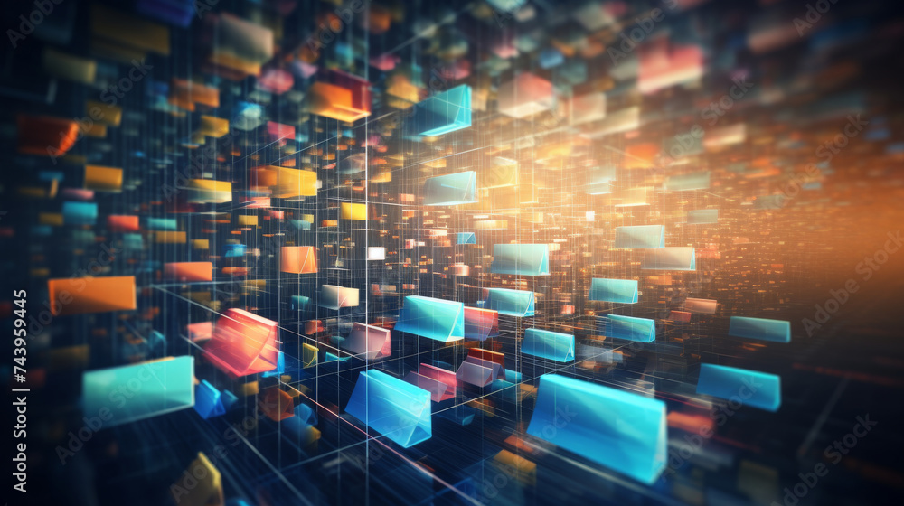 Obraz premium Abstract network grid with files and folders, futuristic software interface, digital document management system, store, search and organize documents, corporate business, paperless office