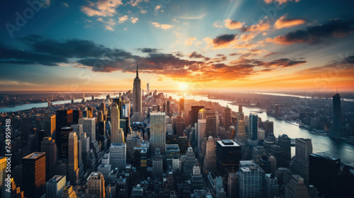 City skyline with skyscrapers against a sunset sky.