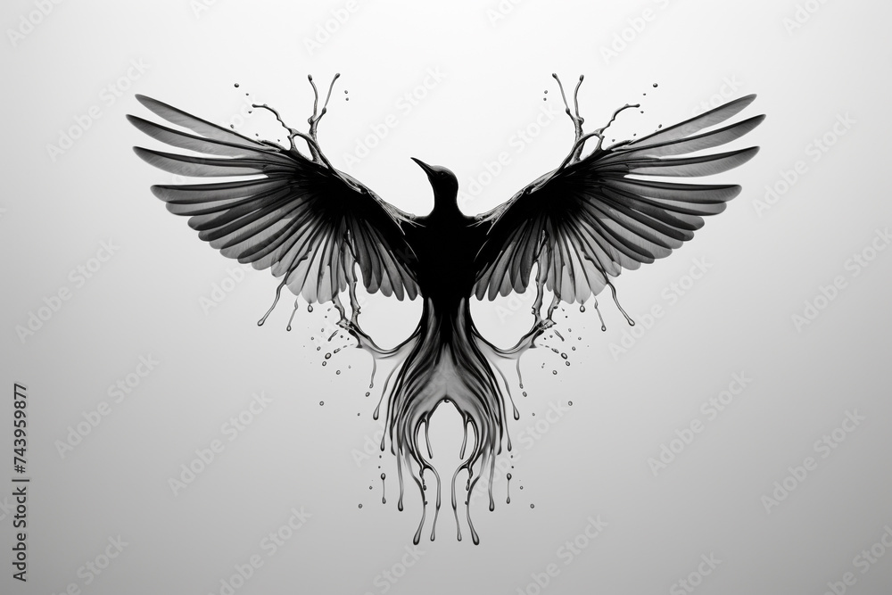 Fototapeta premium Nature, art, animals and graphic resources concept. Flying black bird with spread wings silhouette made of black water or liquid splashes on bright background with copy space