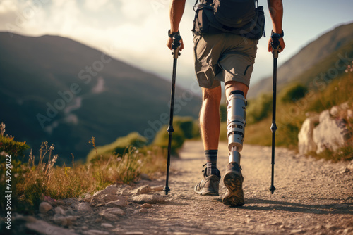 man with a prosthetic leg hiking walking through tail nature route mountain and forest