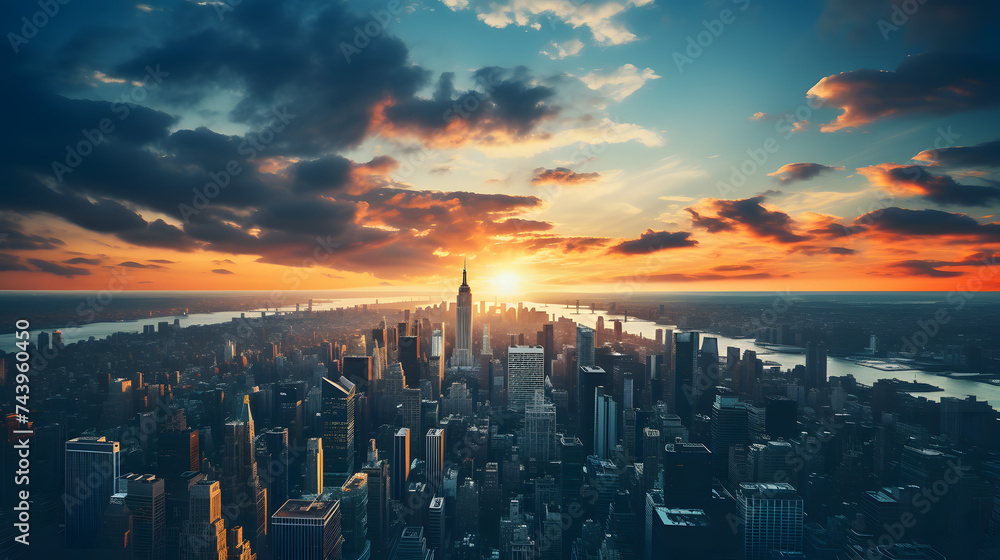 the sun sets over a view of new york city from above