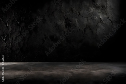 A high-resolution image capturing the rugged and textured surface of a black concrete wall, juxtaposed against an aged and weathered dark concrete floor, creating a dramatic and mysterious atmosphere.