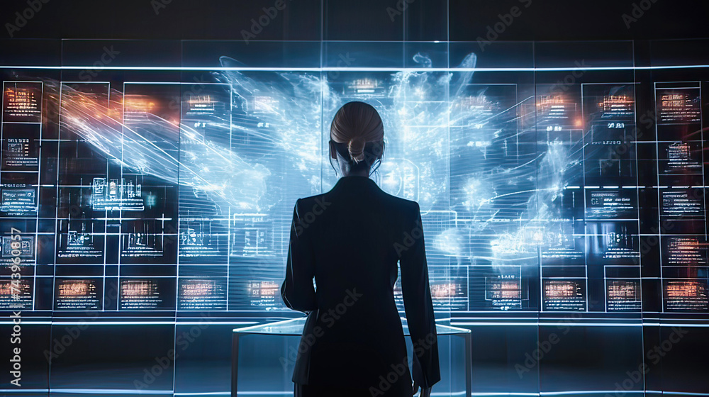 A young man in a business suit stands against the background of an interactive strip