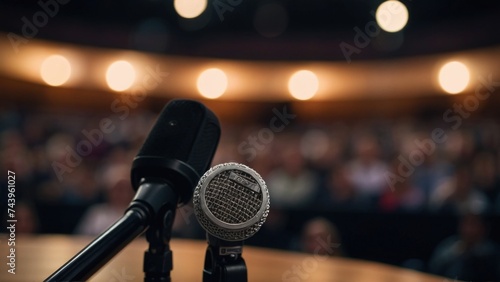 single microphone on a stand is highlighted photo