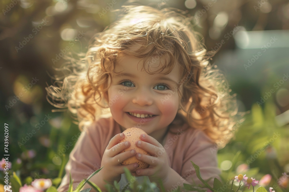 Joyful Child Holding an Easter Egg in Sunlit Garden Joyful Child Holding an Easter Egg in Sunlit Garden