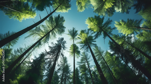 Green leaves and sky  clear blue sky and green trees seen from below