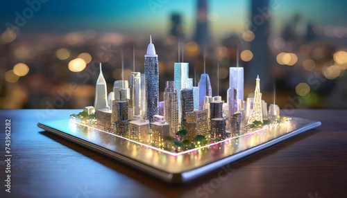 A 3D holographic cityscape miniature displayed on a coffee table, buildings towering and lights shimmering.