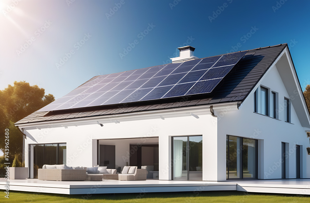 Modern house with solar panels installed on the roof. 3d rendering Modern house with solar panels installed on the roof. 3d rendering
