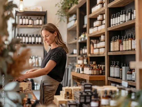 A small boutique store with the owner arranging products on shelves