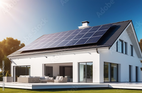Modern house with solar panels installed on the roof. 3d rendering