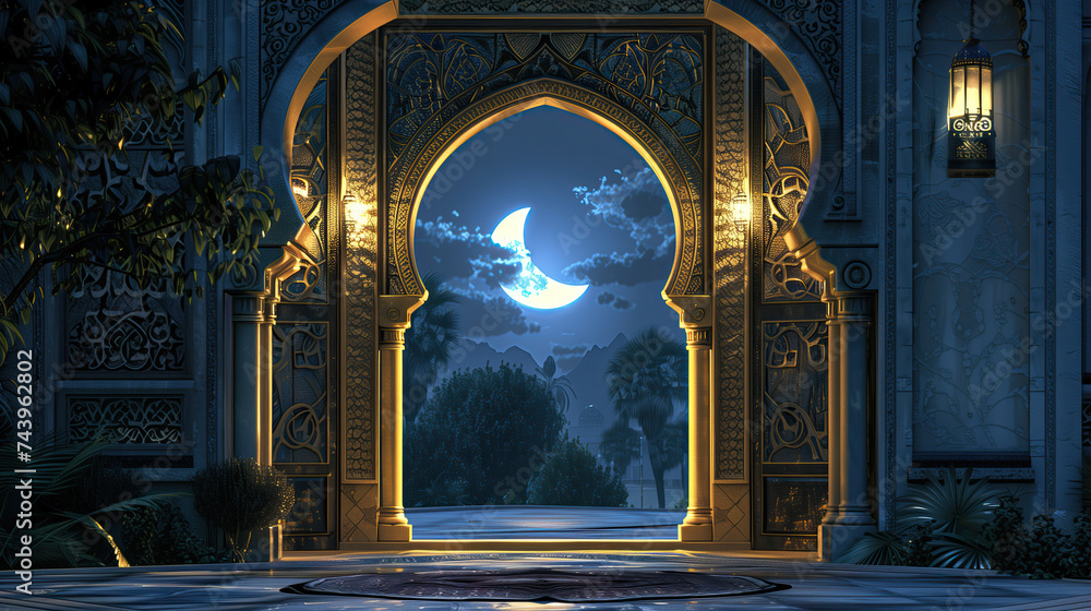 an archway in a ramadan muslim at night with moon. Mosque at night time with moon light. ramadan kareem holiday celebration concept