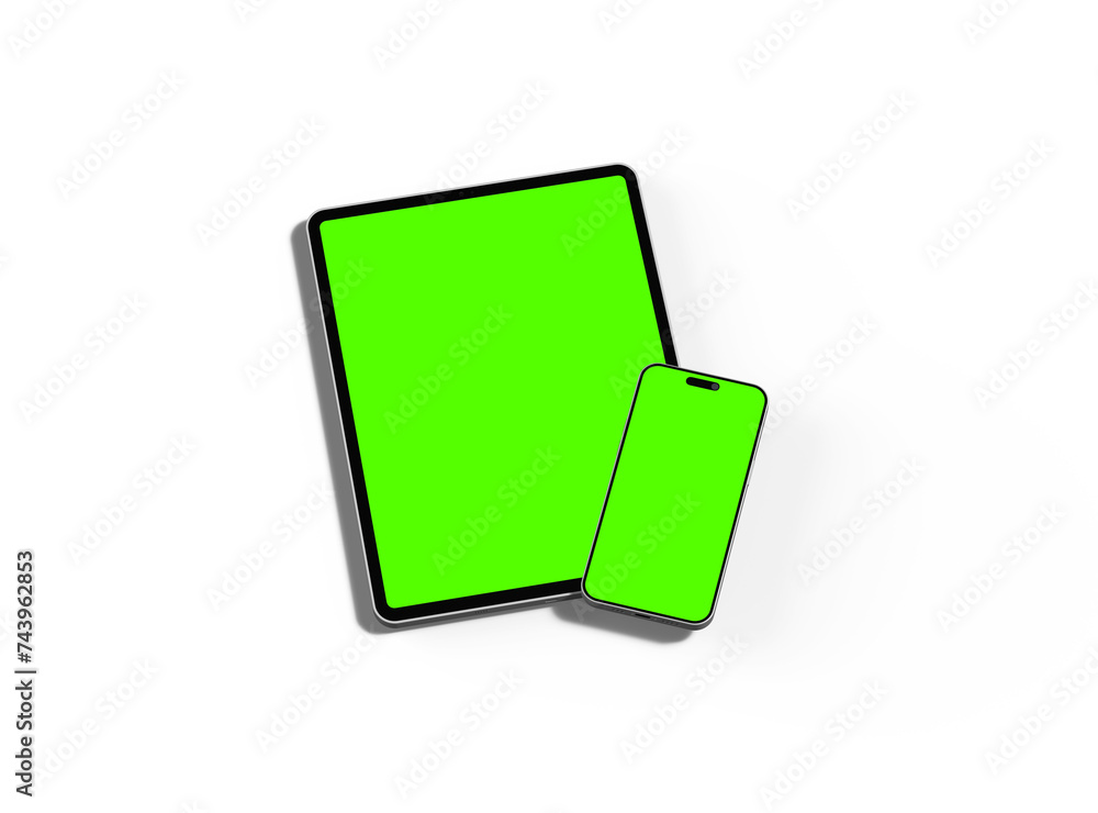 3d render of smartphone and tablet with a green screen on a transparent background 3d render of smartphone and tablet with a green screen on a transparent background