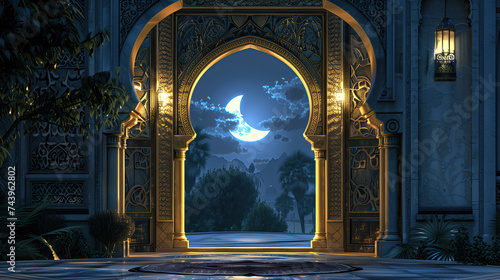 an archway in a ramadan muslim at night with moon. Mosque at night time with moon light. ramadan kareem holiday celebration concept