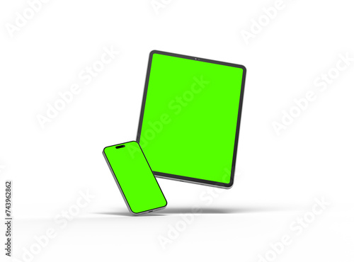 3d render of smartphone and tablet with a green screen on a light background