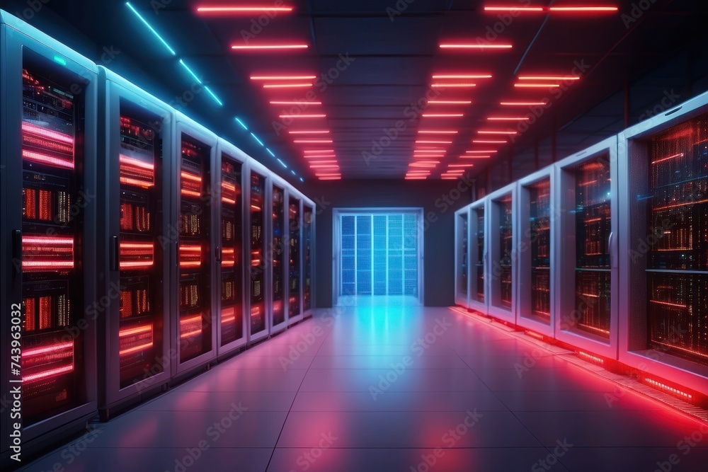 row of servers in a data center neon lights inside it