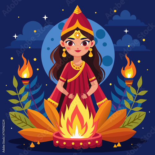 Holika Dahana holi festival fire with illustration photo