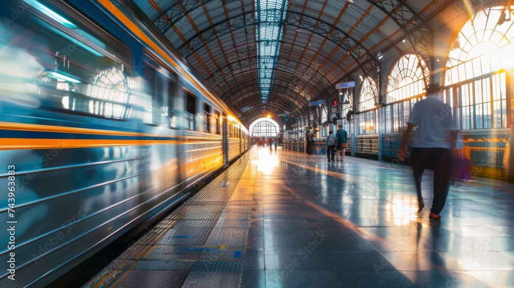 train station with traveler or people walking in blurred motion in train station space