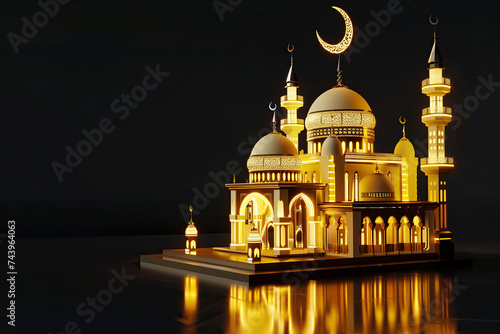 3d yellow ramadan mosque with crescent moon on a black background. ramadan kareem holiday celebration concept
