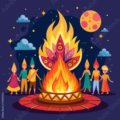 Holika Dahana holi festival fire with illustration photo