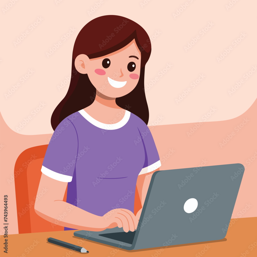 Cartoon young woman is sitting enjoy when working on laptop 1 Cartoon young woman is sitting enjoy when working on laptop 1