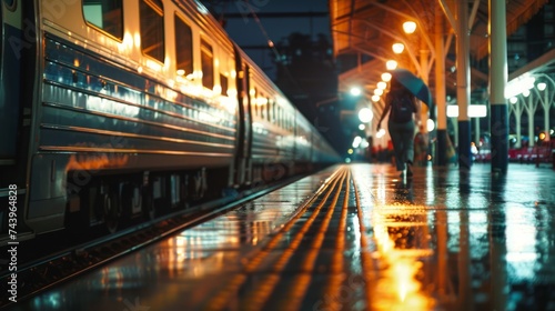 train station with traveler or people walking in blurred motion in train station space