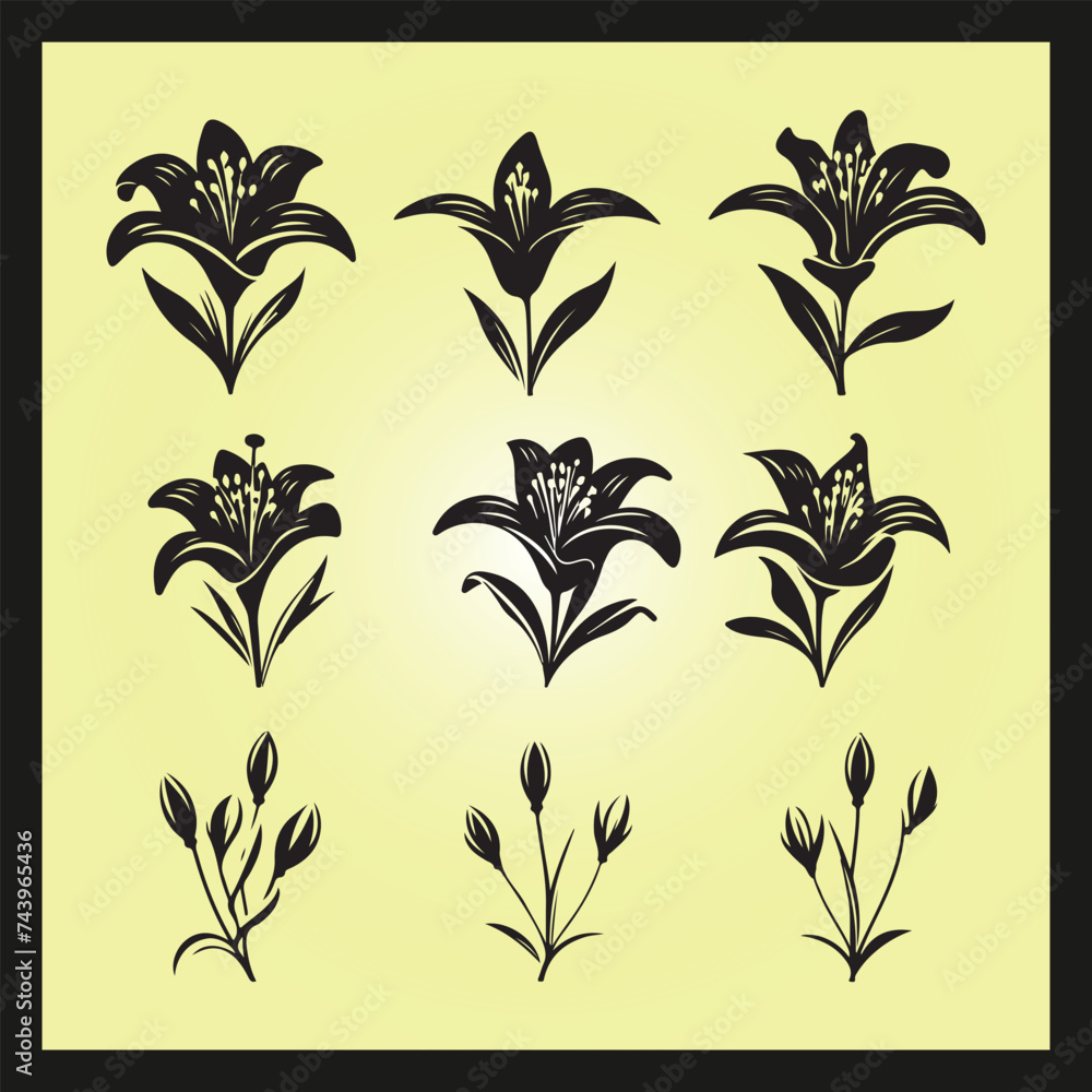 Lily flower silhouette set Clipart on a hex color background