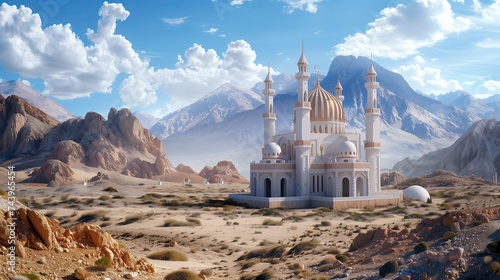 a mosque in a desert landscape, with blue sky and the mountains in the distance. ramadan kareem holiday celebration concept