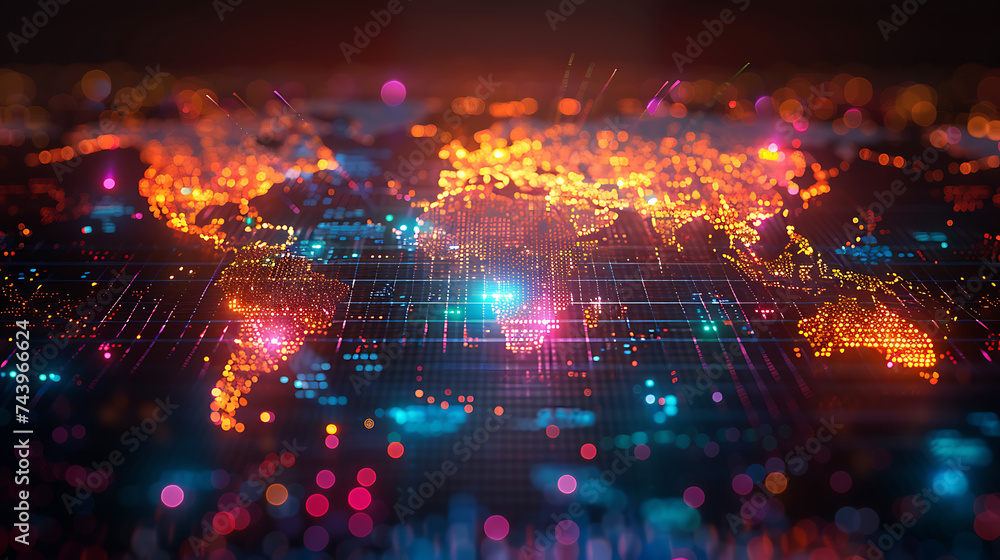 An abstract representation of the world map pulsating with vibrant hues, reflecting the interconnectedness of nations in the digital age - obrazy, fototapety, plakaty 