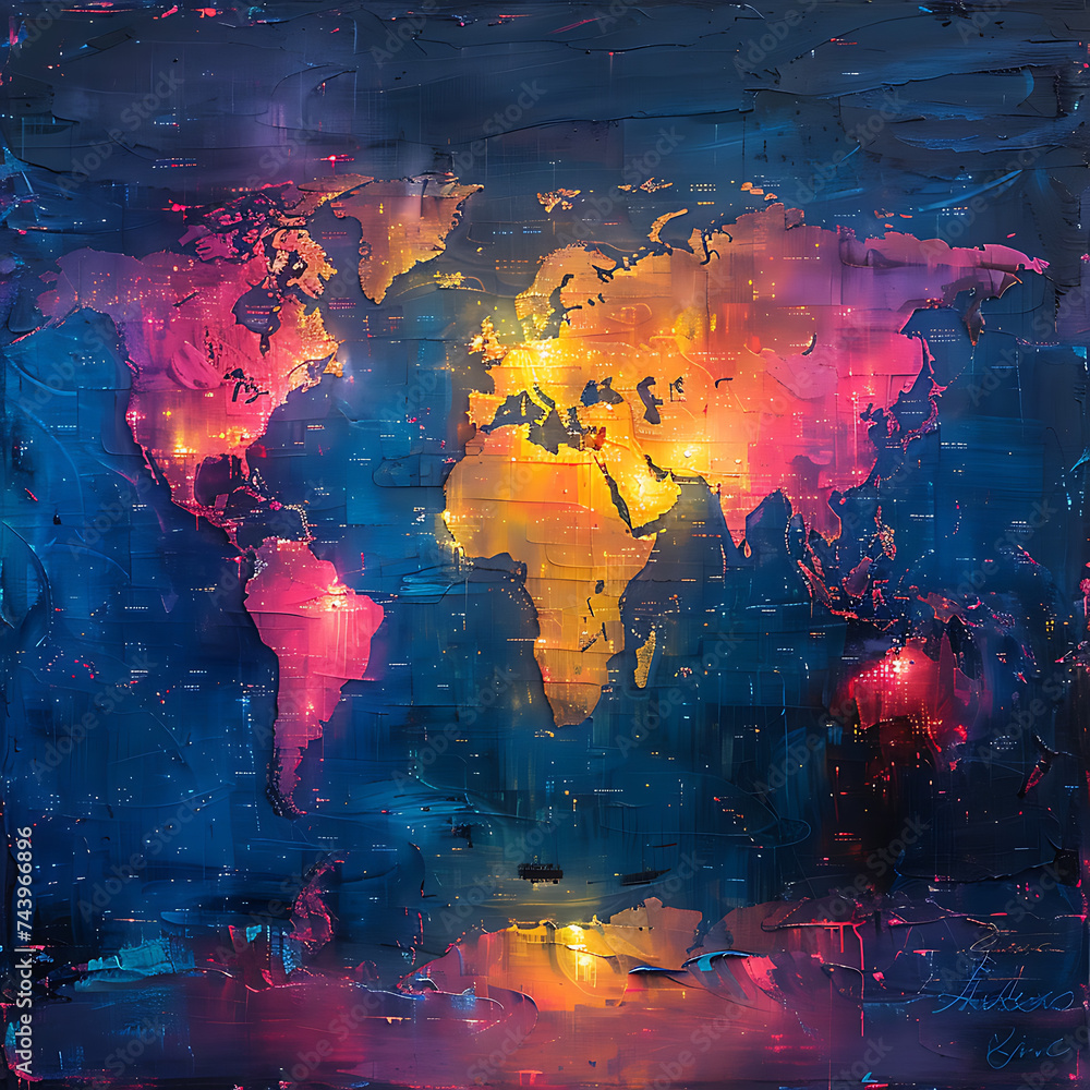 An abstract representation of the world map pulsating with vibrant hues, reflecting the interconnectedness of nations in the digital age