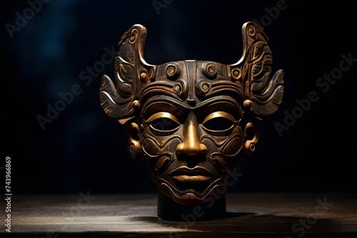 Vintage old wooden mask with theatre lights isolated on black background. Ancient civilizations crafted ornate masks as spirituality, tradition symbols of disguise. Ancient cultural symbol © Sadushi