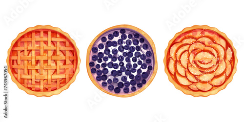 Homemde pie, tart top view whole round bakery, dessert isolated on white background.