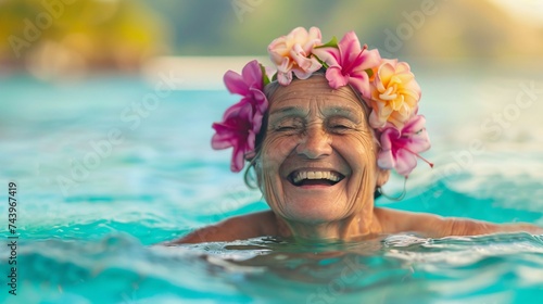 An elderly woman laughing joyfully as she indulges in a refreshing swim in the crystal-clear waters of a tropical paradise 
