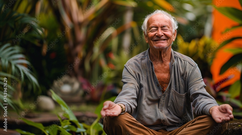 Elderly man smiling contentedly as he practices meditation in a peaceful garden setting Elderly man smiling contentedly as he practices meditation in a peaceful garden setting