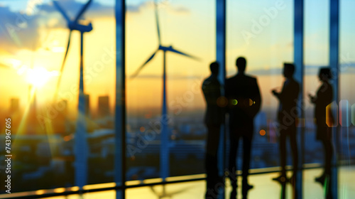 Businessmen and wind turbines that together represent the concept of using green energy in companies, created with generative AI technology