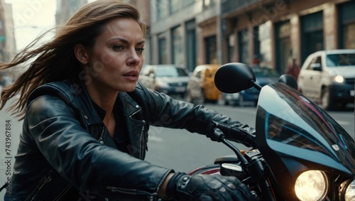 Beautiful biker girl in a leather jacket on a motorcycle in the city