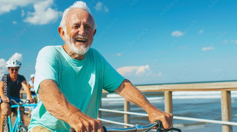 Elderly man chuckling while enjoying a bike ride with his friends along the beach boardwalk Elderly man chuckling while enjoying a bike ride with his friends along the beach boardwalk