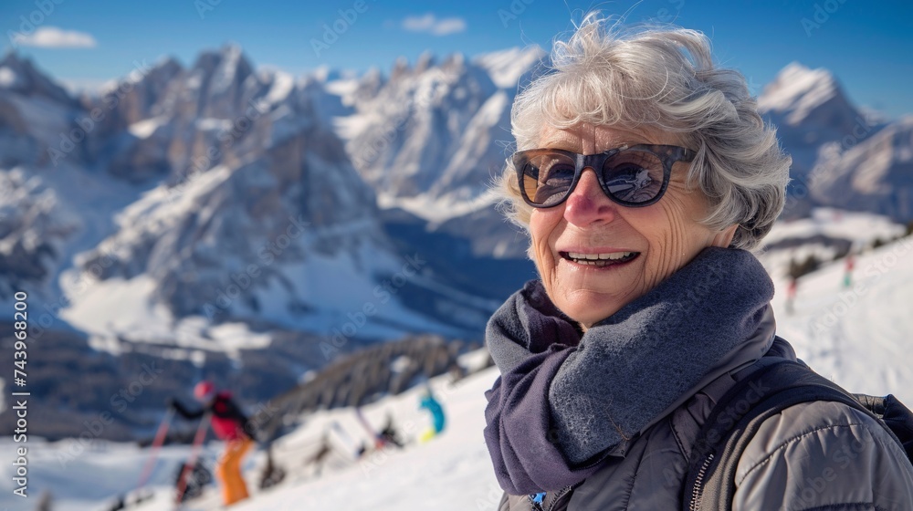 A smiling elderly woman enjoys a sunny day on the ski slopes in the mountains