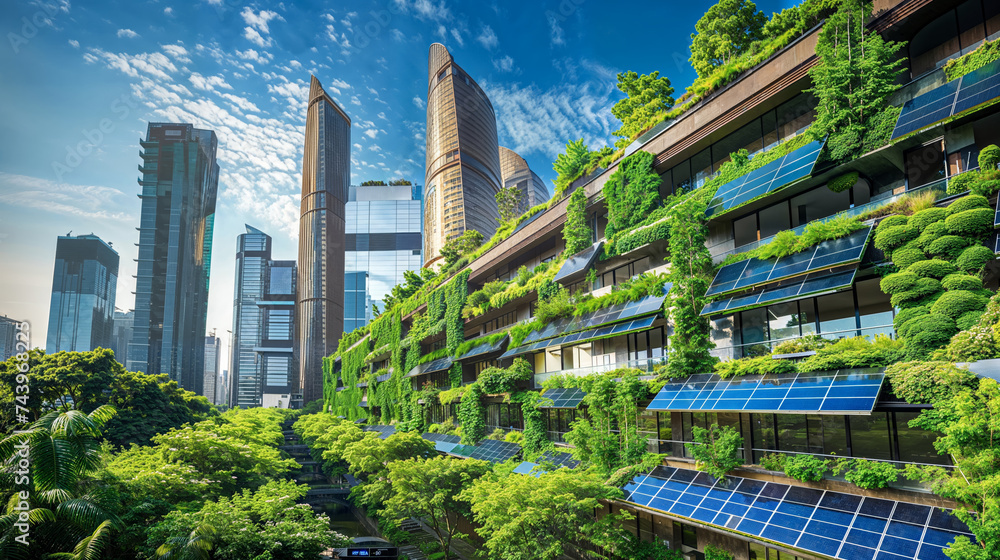 Eco-friendly buildings with greenery and solar panels in modern cityscape 