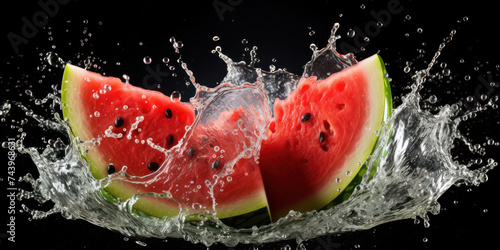 Refreshing Sweetness: Juicy Watermelon Slice Splashing in Fresh Spring Water, Green Background