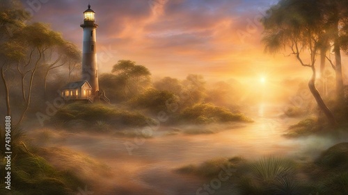 sunset over the river highly intricately detailed painting of  Dawn s early morning mist surrounds the Bodie Island Lighthouse  photo