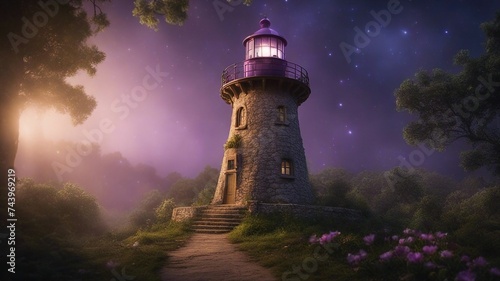 lighthouse in the night A fantasy lighthouse in a mystical forest, with trees, flowers, 